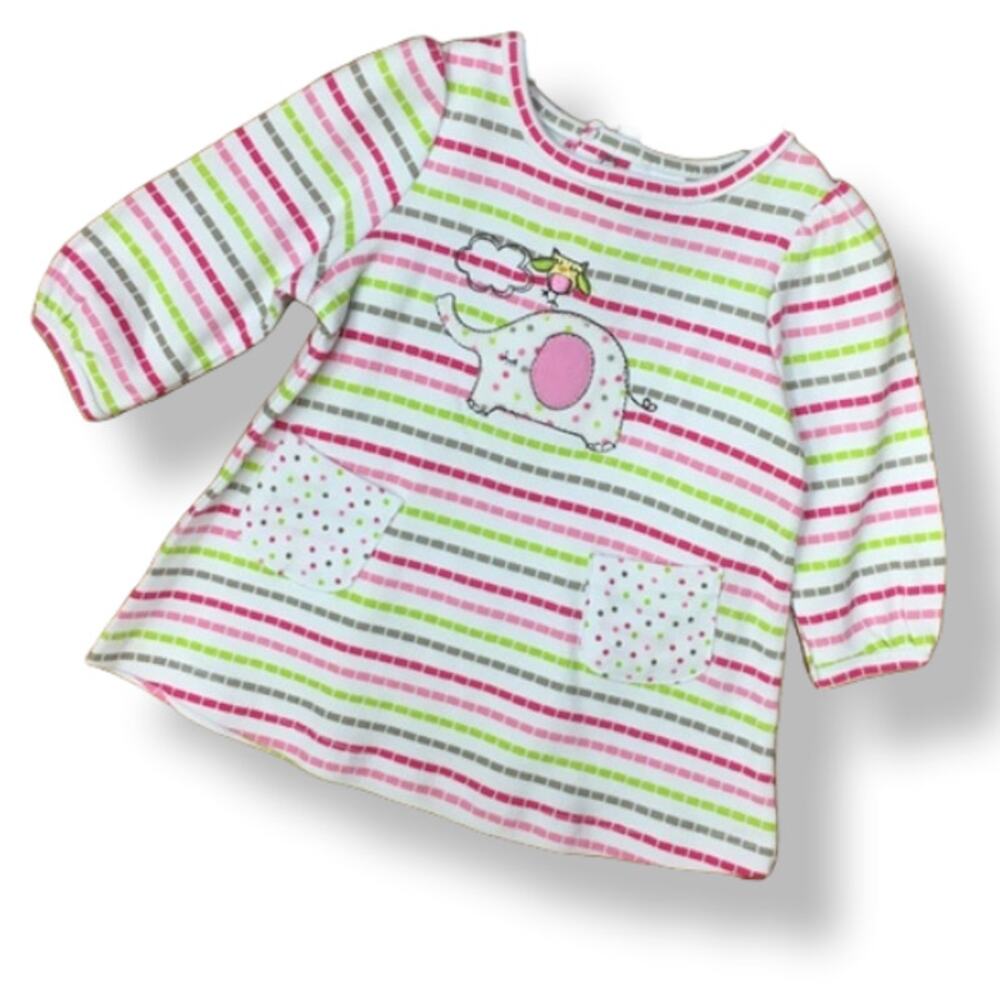 Nursery Rhyme Girls Dress Sz 0-3 Mo Elephant Bird Pink Green Stripe Bloomers NEW